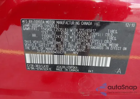 2011 Toyota Rav4 Limited from USA, damaged, VIN 2T3YF4DVXBW068318